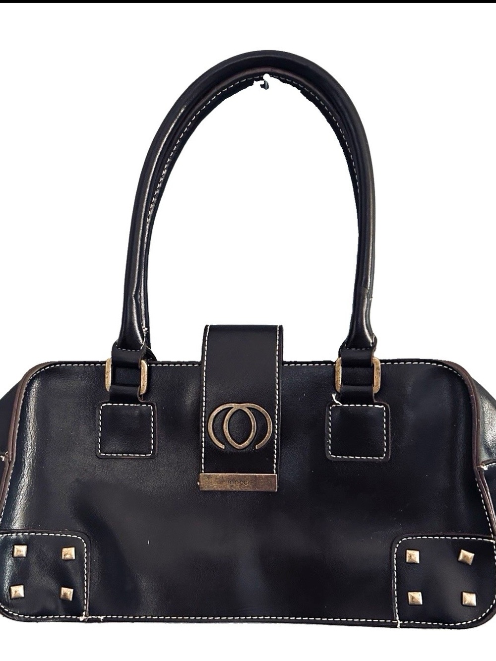 Y2K Black Faux Leather Shoulder Bag with Stud and Stitch Detail